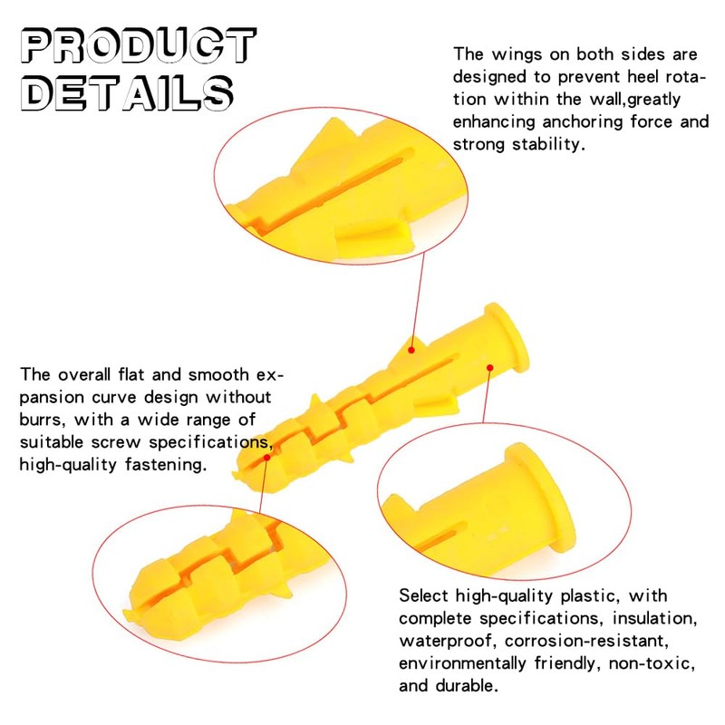 100 Pcs Wall Plugs, M8 x 60mm Yellow Nylon Screw