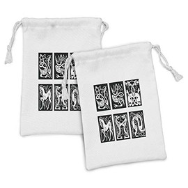 Ambesonne Celtic Fabric Pouch Set of 2, Abstract Animal Ornament Pattern in Tribal Style for Tattoo and Culture Design, Small Drawstring Bag for Toiletries Masks and Favors, 9" x 6", Black and White