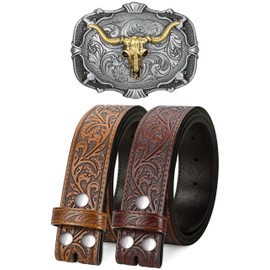 SANSTHS 2 Pack Cowboy Western Belt Strap with a Buckle, Men Women Embossed Cowboy Cowgirl Belt Strap for Jeans Gifts, Two Strap/Golden Bull Buckle