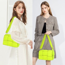 NAARIIAN Women Puffer Cross Body Shoulder Bag Cassette Purse Hand Woven Cotton Padded Light weight Handbag, Fluorescent Yellow, Medium