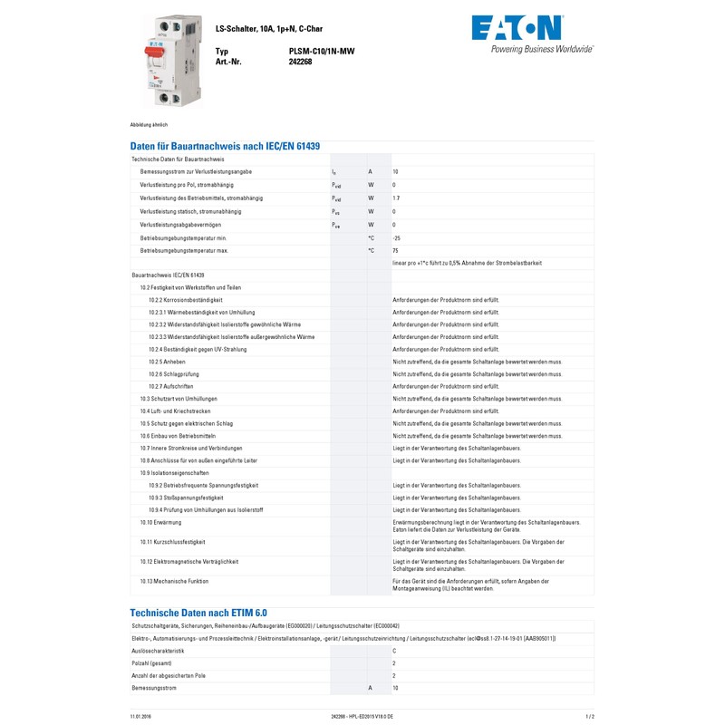 Eaton PLSM C10/1 N/MW Circuit Breaker