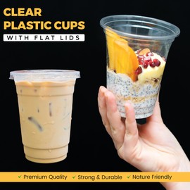 CHEF ROYALE 50x10oz Clear PET Cups with Flat Lids - Takeaways Great for Smoothies, Milkshakes, Cold Drinks and Slush Puppies - Perfect for Parties, Picnics and More (50, 10oz)