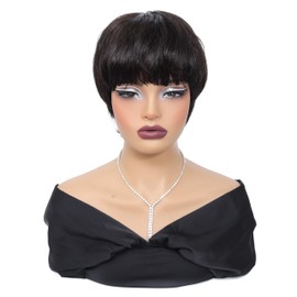 Angzon Pixie Cut Wig Human Hair Short Pixie Cut Wigs for Women Glueless Wig Human Hair Short Layered None Lace Front Wig with Bangs Black Straight Wig