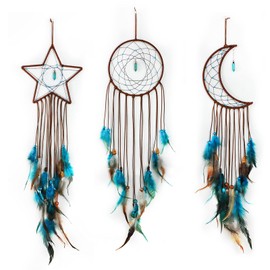 3 Pcs Dream Catcher Moon Sun Star Design Handmade Traditional Design Craft Ornament for Wall Art Hanging Home Decoration Dreamcatcher for Bedroom Kid Boy Girl Wedding (Dark Blue)