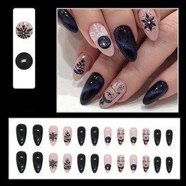 24 Pcs Christmas Press on Nails Medium Almond Shaped with Winter Xmas Elk Christmas Tree Designs Glossy Christmas Fake Nails Glitter Acrylic Nails Full Cover False Nails Christmas Nail Art Decoration