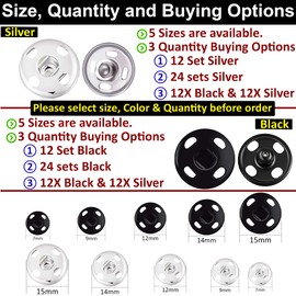 Hash 24 Sets Metal Snap Button Clasps Fastener Press-Stud Sew on Snaps Fasteners Black Silver Press Studs for Purse Handbag Clothes Sewing Craft DIY Supplies (7 mm, 9mm, 12mm 14mm, 15mm) (7mm)
