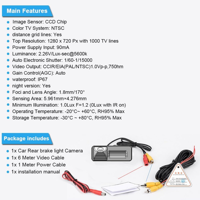 HD 720p Night Vision Rear View Reverse Camera, License Plate