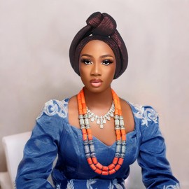 Elegant Polyester African Headscarf-Stretchable Traditional Nigerian Wedding Headpiece, Automatic Gurler Style Fan Headscarf (Wine Red, One size)