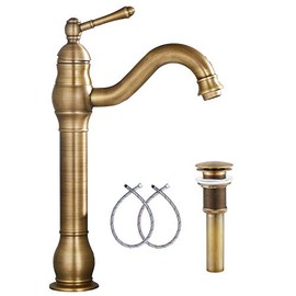 360° Swivel Antique Brass Bathroom Vessel Sink Faucet Single Handle One Hole Matching with Pop Up Drain