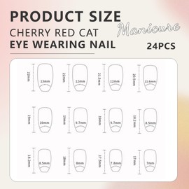 Zernblend 24 Pieces Cherry Red Cat Eye Portable Nails Stick On Press On Nails False Nails (with Jelly Glue + Rubbing Strip)