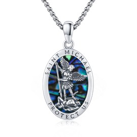 YueYuan St Michael Necklace 925 Sterling Silver Saint Michael Medal St.Michael Protect Us Pendant Necklace Archangel Michael Necklace Oval Abalone Shell Religious Jewellery for Men Women