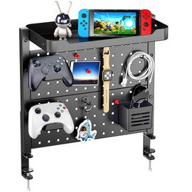 ARES WING Desk Clamp On Pegboard with 16 inches Organizer Shelf, Adjustable Above or Under Desk Storage Shelf Holds 44 lbs, Magnetic Metal Peg Board for Office and Gaming Accessories, Black