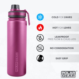 Hydra Surge Stainless Steel Reusable Water Bottle -700ml, Vacuum Insulated, Double Wall, Metal Leakproof Flask, 2 Separate Lids, Keeps Hot For 12 Hours, Cold for 24 Hours, For Sports, Gym, Work -Berry