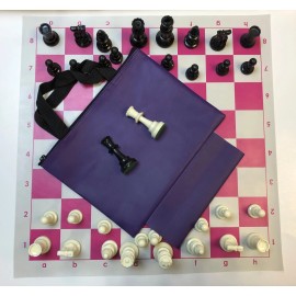 Rook-N-Pawn Chess Set Combo: Purple Bag w/ Loop, Pink Board, Black & White Chess Pieces