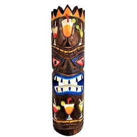 OMA Wood Carved Tiki Mask With Cocktails Hawaiian Tropical Tribal Tiki Wall Hanging Decor - Large 20"