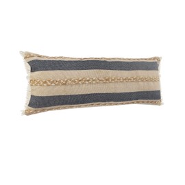 LR Home Atlantis Coastal Striped Lumbar Jute Braiding and Fringe Throw Pillow, 1 Count (Pack of 1), Denim/Tan/Taupe