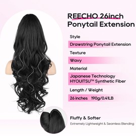 REECHO Ponytail Extension, 26 Inch Drawstring Ponytail Extension Long Curly Wavy Pony Tails Hair Extensions Natural Fake Synthetic Clip in Ponytail Hairpiece for Women Daily, Natural Black