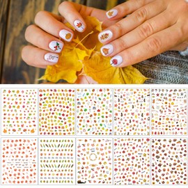 TailaiMei 3D Thanksgiving Nail Decals Stickers, Self-Adhesive Autumn Nail Art Decorations, Design for Fall Maple Leaves Pumpkin Turkey(1154 Pcs, 10 Sheets)