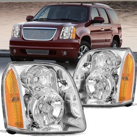 Aosky Headlight Pair Assembly Compatible with 2007-2014 GMC Yukon/Yukon XL 1500 2500 Factory OE Halogen Style Head Lamp Replacement Left Driver Right Passenger Chrome