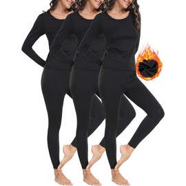 Winvote 3 Pack Thermal Underwear for Women Set Long Johns Fleece Lined Soft Cold Weather Warm Base Layer Winter Pajamas Top Bottom 3-Black XL