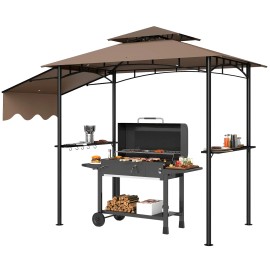 8FT X 5FT Brown Outdoor Barbecue Grill Gazebo with Side Awning 2 Side Shelves and 6 Hooks Pergola Canopy Sheltercolor: Brown Color