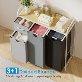 Yecaye Laundry Sorter 3 Section, Laundry Hamper with Shelf and 1 Drawer, 35.7Gal(135L) Laundry Basket Organizer, Pull-Out and Removable Oxford Fabric Laundry Bags for Laundry Room, Bedroom, Bathroom
