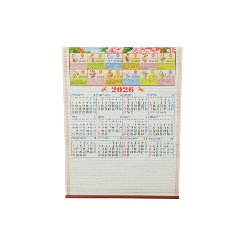 Feng Shui Import 2026 Chinese Wall Scroll Calendar, Peacock Design,