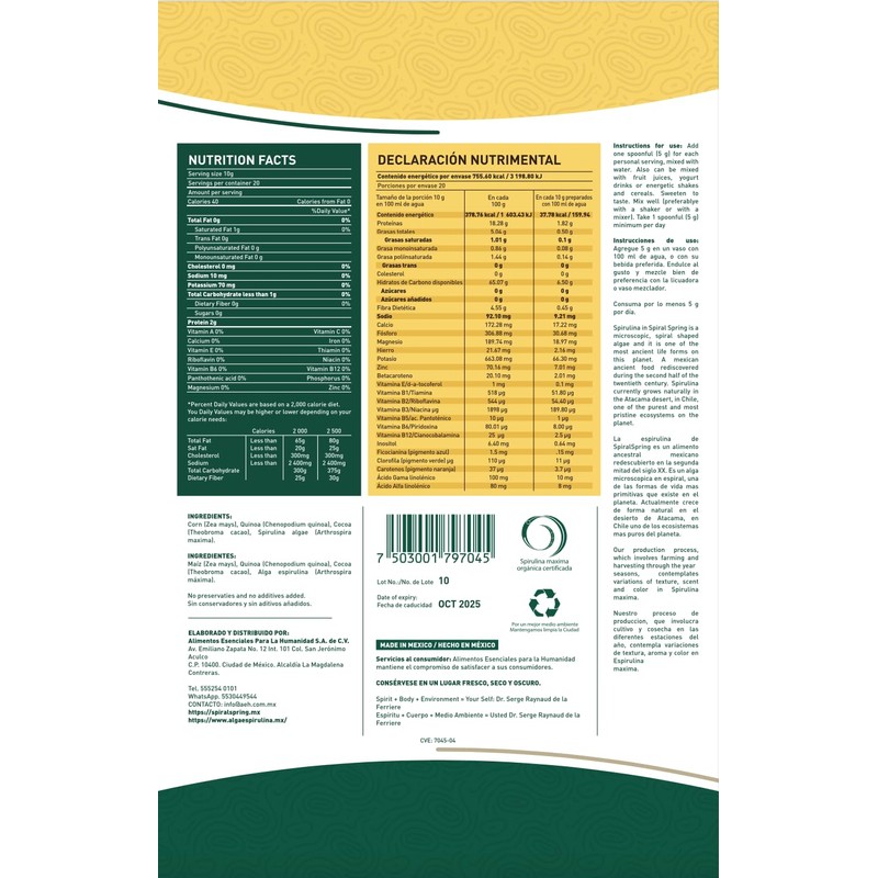 Spiral Spring Espirulina Orgánica + Quinoa y Cocoa 100% Natural,