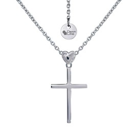 “Eternal Love Cross & Puffed Heart Necklace - Rhodium-Plated Sterling Silver, Hypoallergenic, Adjustable Chain, Perfect Gift for Festive Occasions"