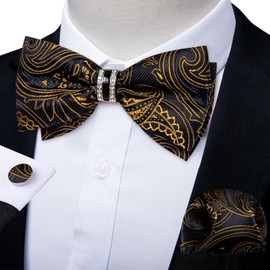 DiBanGu Black Gold Bow Ties for Men Tuxedo Pre-tied Bow Tie and Pocket Square Cufflink Set with Gift Box