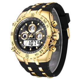 Men's Military Sports Watches Digital Waterproof Analogue Watch with Date, Alarm, Luminosity, Stopwatch, Big Army Watch for Chunky Men, Black gold, Military, sports, casual