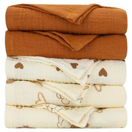 Chiowels Muslin Cloths Baby First Equipment, Pack of 5 Burp Cloths 100% Cotton (60 x 60 cm), Muslin Nappies for Newborns, Soft and Breathable, Baby Cloths for Boys and Girls, Muslin Cloths 002