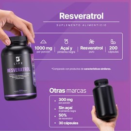 B Life Resveratrol 200 Cpsulas  Antioxidante de 1000 mg por porcin  Pimienta negra, Uva Roja, Acai y Vitamina C. Ingredientes Naturales.              