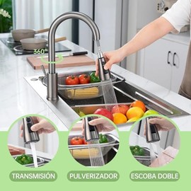 APPASO Grifo de Cocina Gris con Rociador Abatible 3 Funciones, Llave Monomando para Fregadero de Cocina Acero Inoxidable SUS304, Mezcladora para Frega