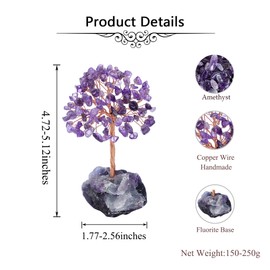 GEHECRST Feng Shui Money Tree Gemstone Tree Decoration with Fluorite Base Wire Wrap Tumbled Stones Tree of Life Lucky Tree Decoration Living Room Table Office (Amethyst)