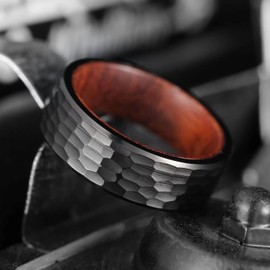 King Will 8mm Black Titanium Ring Inner Hole Inlaid Wood Hammered Wedding Band for Men Matte Brushed Comfort Fit 12