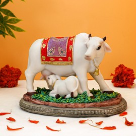 BangBangDa Hindu God Kamdhenu Cow with-Calf - 6.7”L Indian Idol Cow Murti Ideal Gift for Indian Family Friend Birthday Diwali Housewarming Wedding Home Temple Mandir Altar Pooja Item