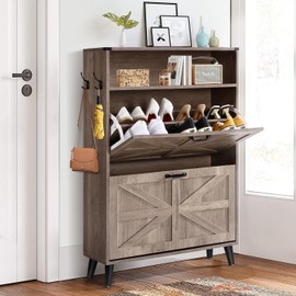 Likein Shoe Storage Cabinet with 2 Flip Drawers,Narrow Freestanding Organizer with Adjustable Shelf, Open Storage & Wood Legs, Hidden Shoes Rack Cabinet for Entryway, Foyer, Hallway, Living Room, Grey