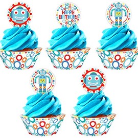 Robot Cupcake Kit - 24 Robot Cupcake Toppers and 24 Cupcake Wrappers - Robot Party Supplies - Robot Party Decorations - Cupcake