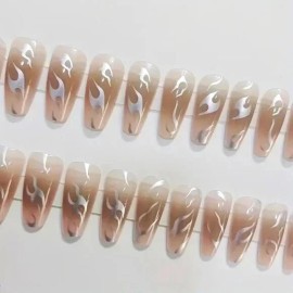 Unbranded 24 Fake Nails Silver Flame Swirls Press On Style Kit Glam Vacation Reusable