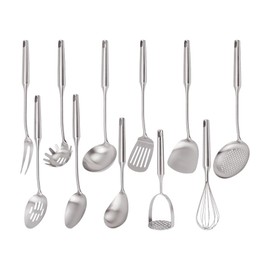 304 Stainless Steel Kitchen Utensils Set, 11PCS Metal Cooking Tools, Masher, Fork, Solid Spoon, Slotted Spoon, Spatula, Whisk, Skimmer, Slotted Spatula Tunner, Soup Ladle, Spaghetti Spoon, Large Spoon