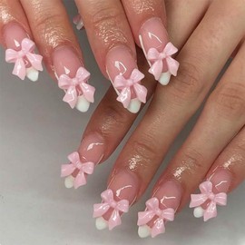 24 Pcs Almond Press on Nails French Tip CEWEWP Pink Fake Nails Short Press on Nail Cute False Nails with Pink Bow Nail Charms Designs Acrylic Nails Full Cover Glue on Nails for Women Girls