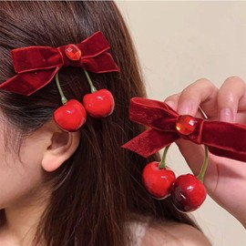 2pcs Cute Red Cherry Bow Hair Clips, Cute Sweet Rhinestone Hair Accessories, Velvet Ponytail Barrettes, Red Fruit Hair Barrettes, Women's Fashion Accessories Clips