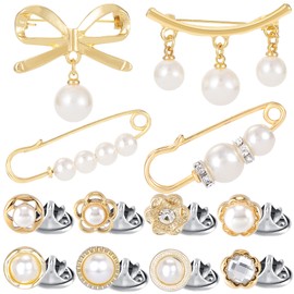 CustomyLife 12pcs Pearl Junk Sock Charms Women Gold Rhinestone Bow Brooch Safety Pins Pants Clips to Tighten Waist Sweater Shawl Pins for Women Hats Clothes Shoes