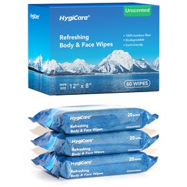 HygiCare Premium Refreshing Body & Face Wipes Unscented, Bamboo 100% Biodegradable Earth-friendly Perfect for Hiking Gym Camping Hospital 60 Count