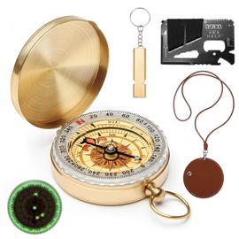 QMLING Pack of 4 Brass Compass Outdoor Set, Waterproof Compass with Fluorescence, Multitool Card with Leather Case and Whistle, Portable Pocket Compass for Children Adults Outdoor Activities