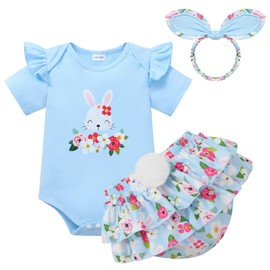 Miyanuby Baby Girl Easter Outfit Bunny Print Short Sleeve Romper Elastic Waist Shorts with Headband 3Pcs Clothes Set Blue
