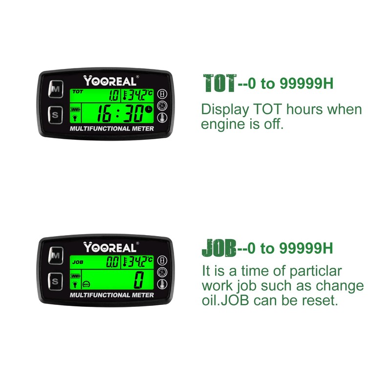 Yooreal Engine Water Oil Temperature Gauge Digital Tachometer Hour Meter,Alert