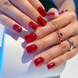 Cat Eye Press on Nails Short Square Fake Nails Red Acrylic Nails Gloss Glue on Nails Opaque Reusable Gel Nail Strips Artificial Nails 24 Pcs Removable Stick on Nails for Women