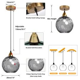 BOKT Large 1-Lights Smoke Gray Glass Pendant Light Brushed Gold Globe Round Chandelier Pendant Lighting Mid-Century Modern Kitchen Island Pendant Light Fixture (Smoke Gray)